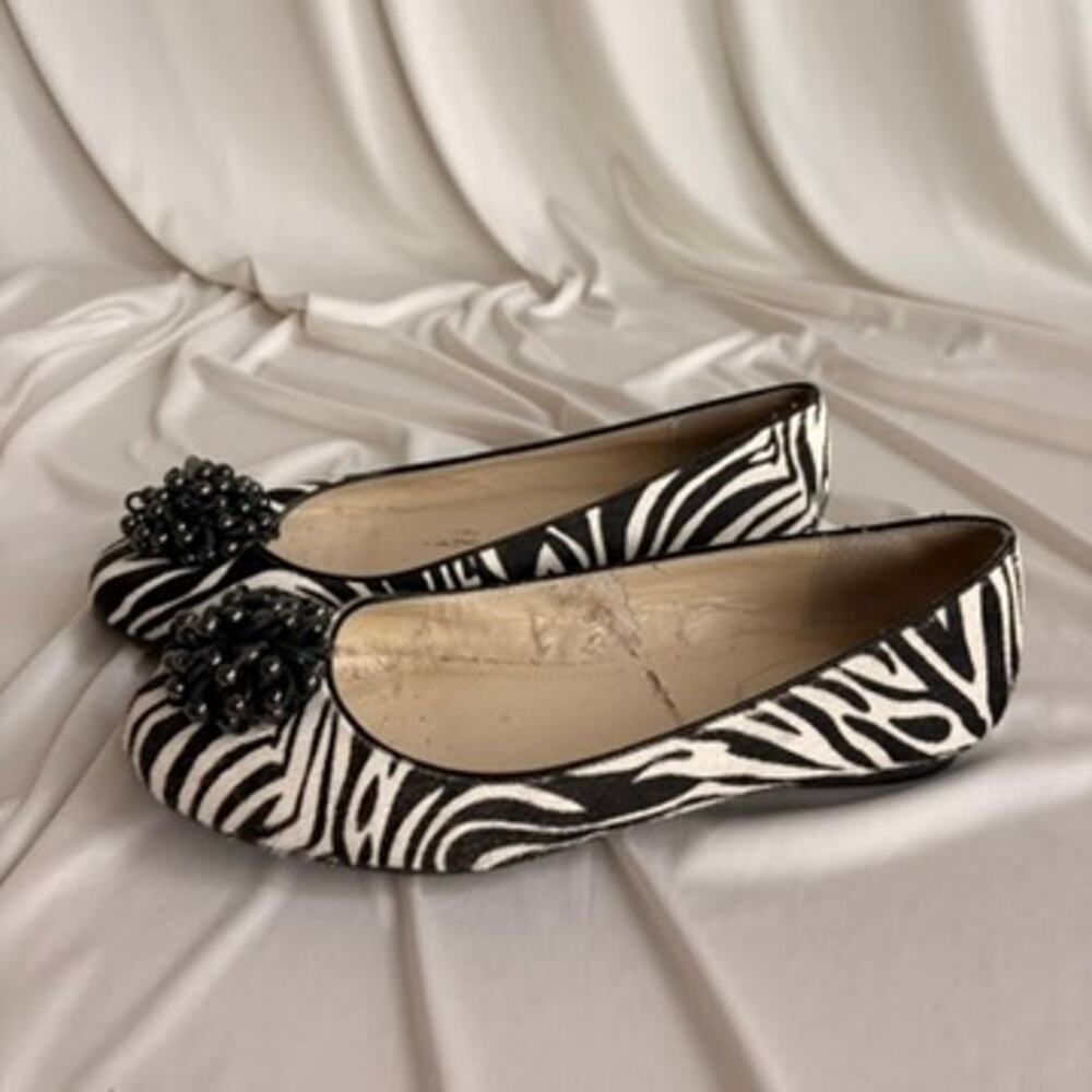 Calvin Klein Mackenzie Zebra Ballet Flats - Calf Hair, Beaded Toe, Size 8.5